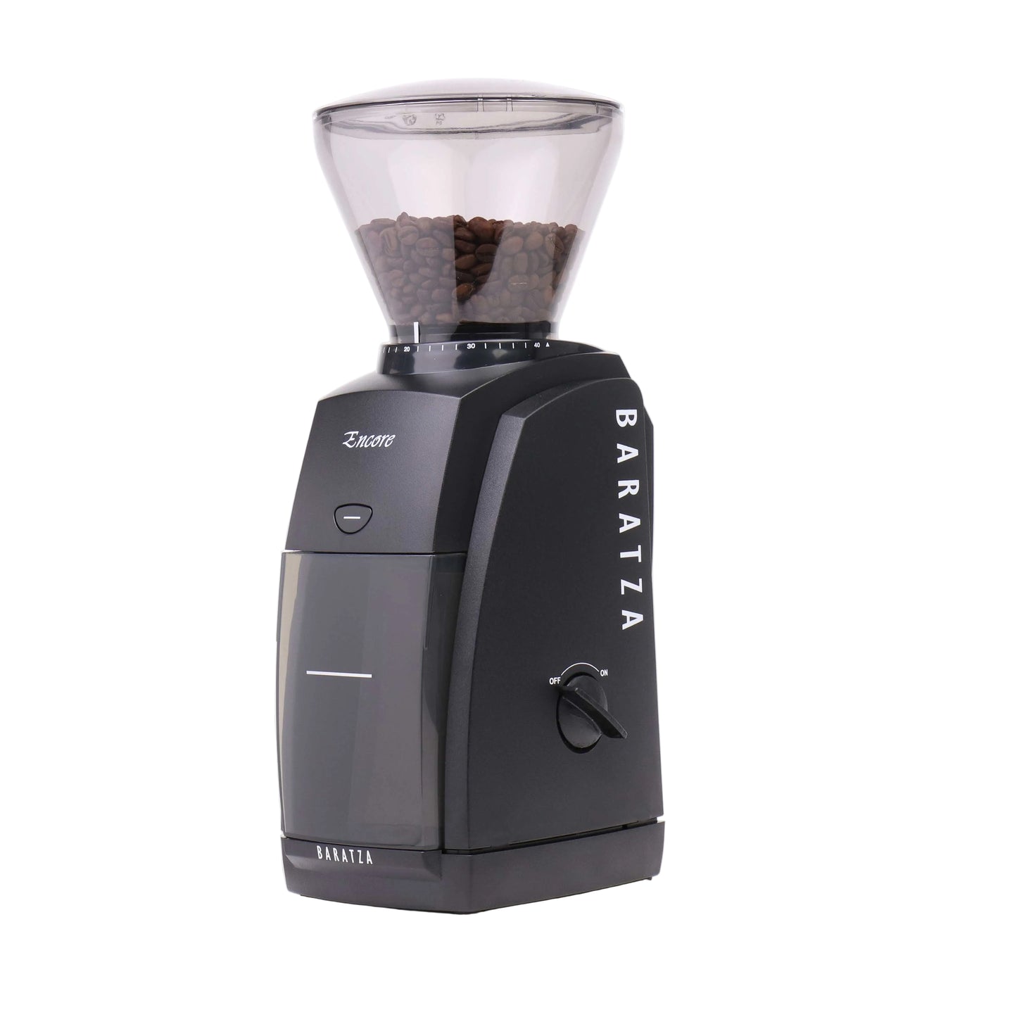 Baratza coffee grinder with coffee beans on a white background