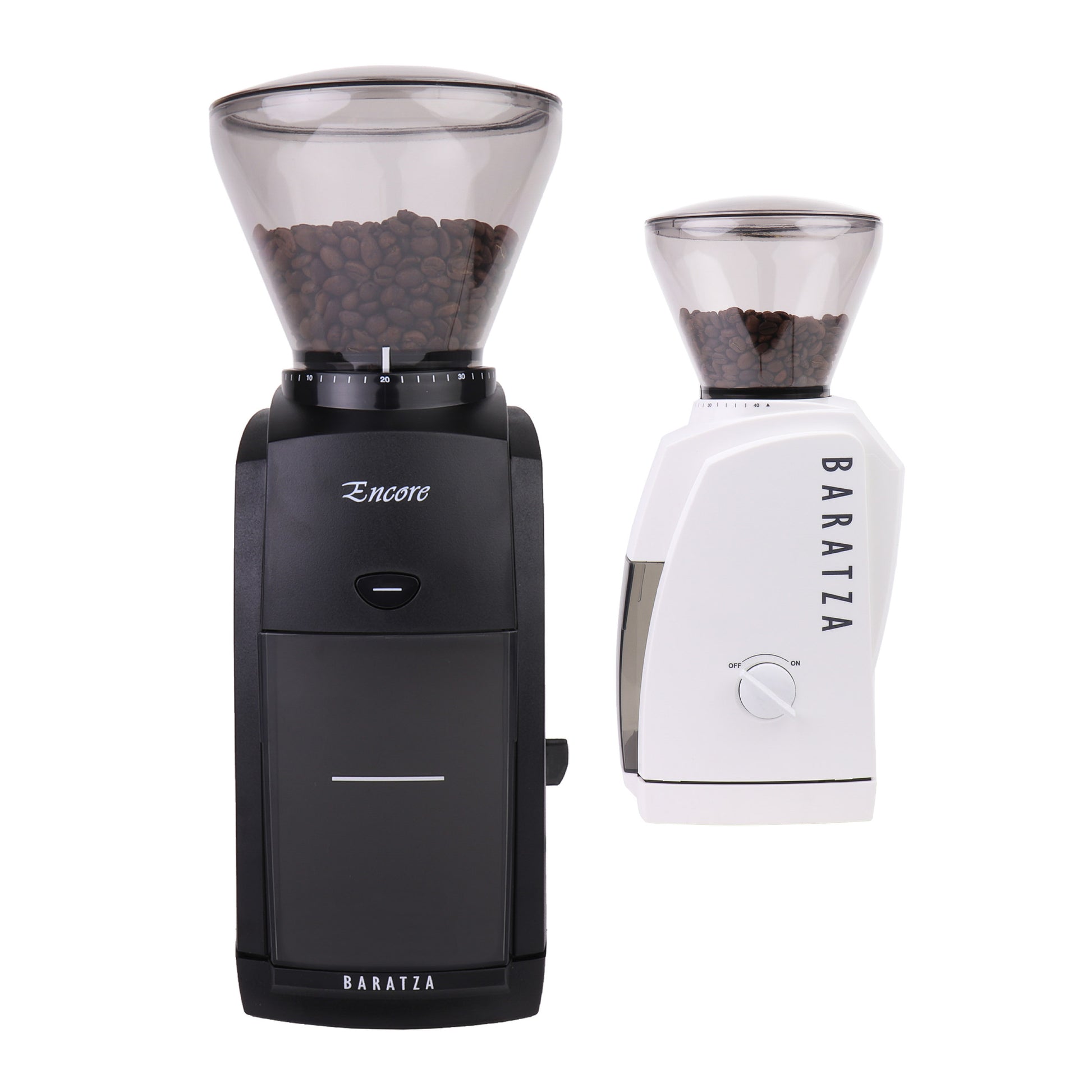 Two Baratza coffee grinders, one black and one white, on a white background.