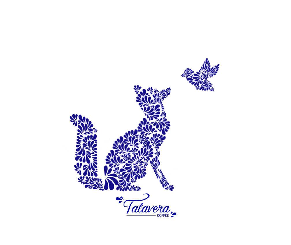 Decorative blue floral fox design with 'Talavera Coffee' branding on a white background